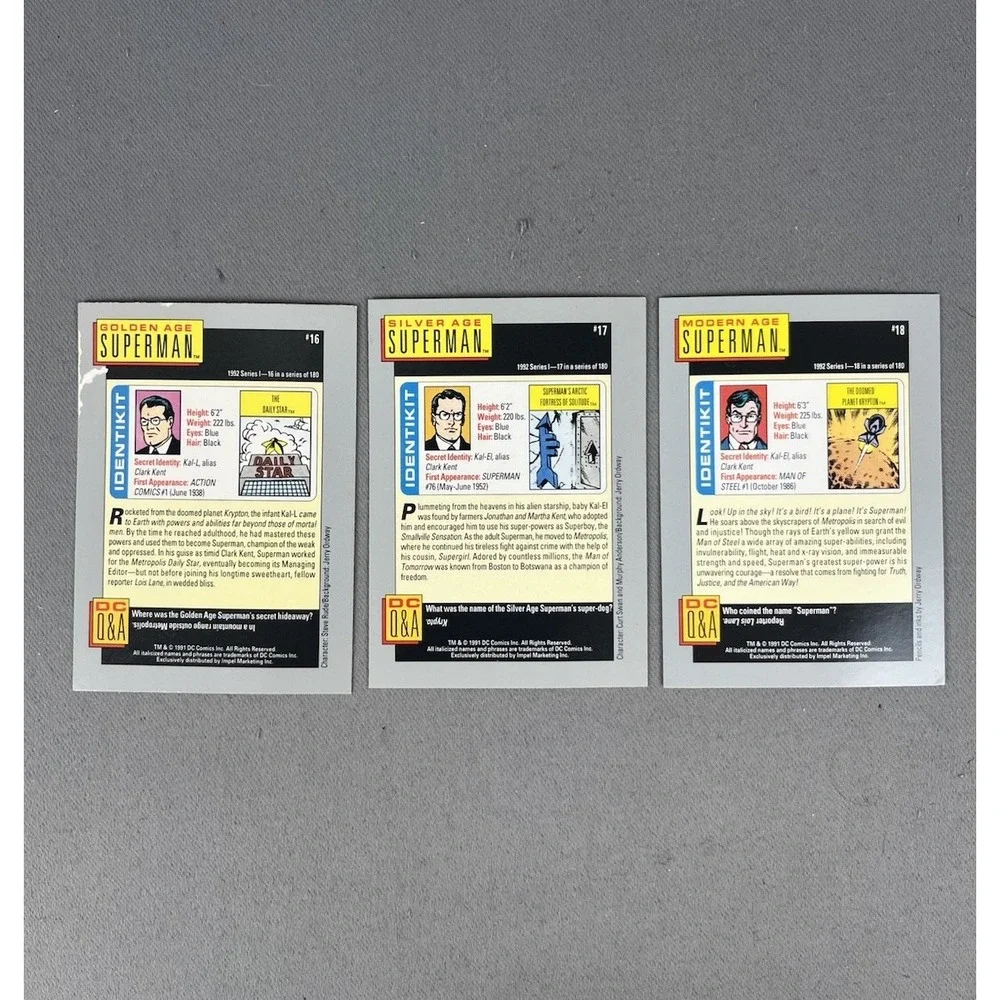 1991 DC Comic Cards SUPERMAN Hero Heritage Set‎ Of 3